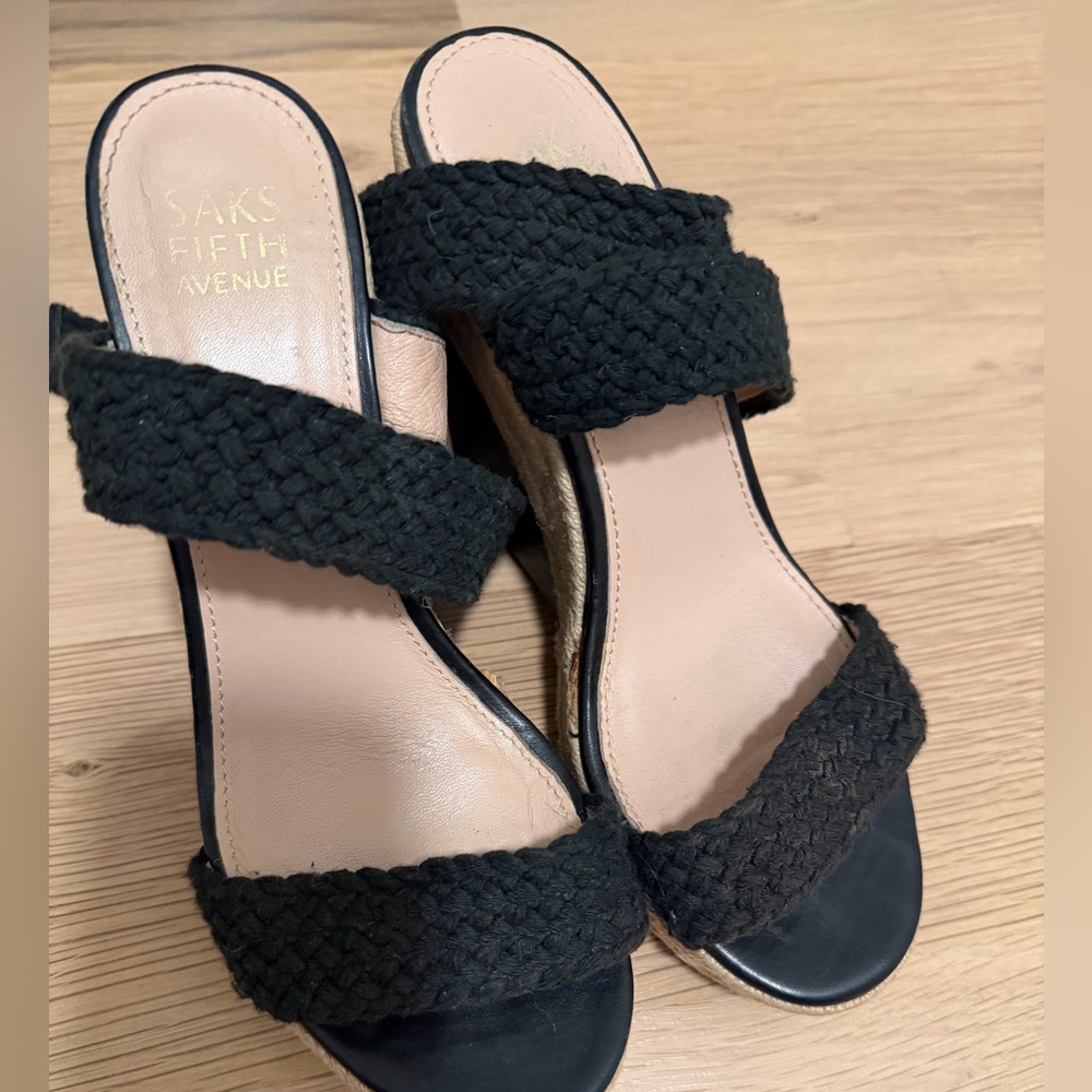 Saks Fifth Avenue Black Woven Strap Wedges